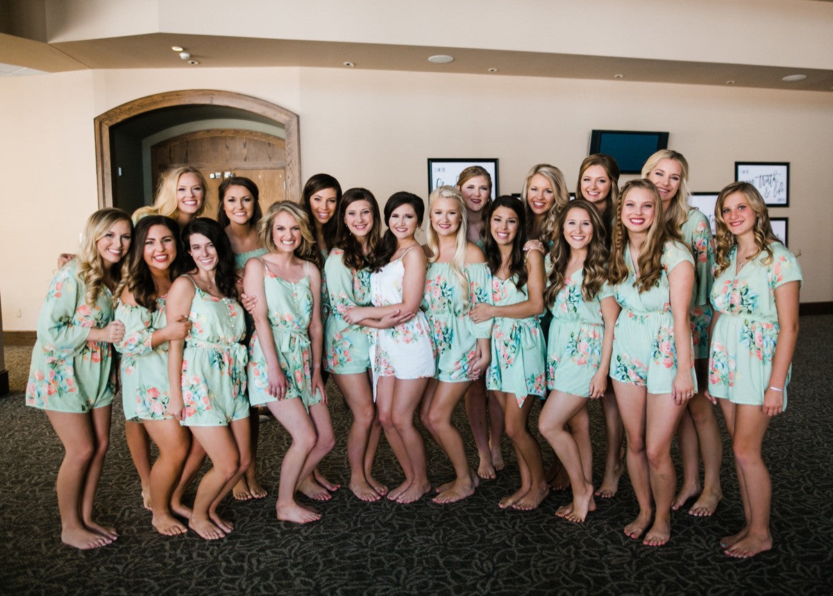 Soft Mint Mismatched Styles Bridesmaids Rompers in Dreamy Angel Song Pattern