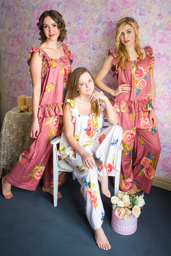 Ruffled Style Long PJs in Smiling Blooms Pattern