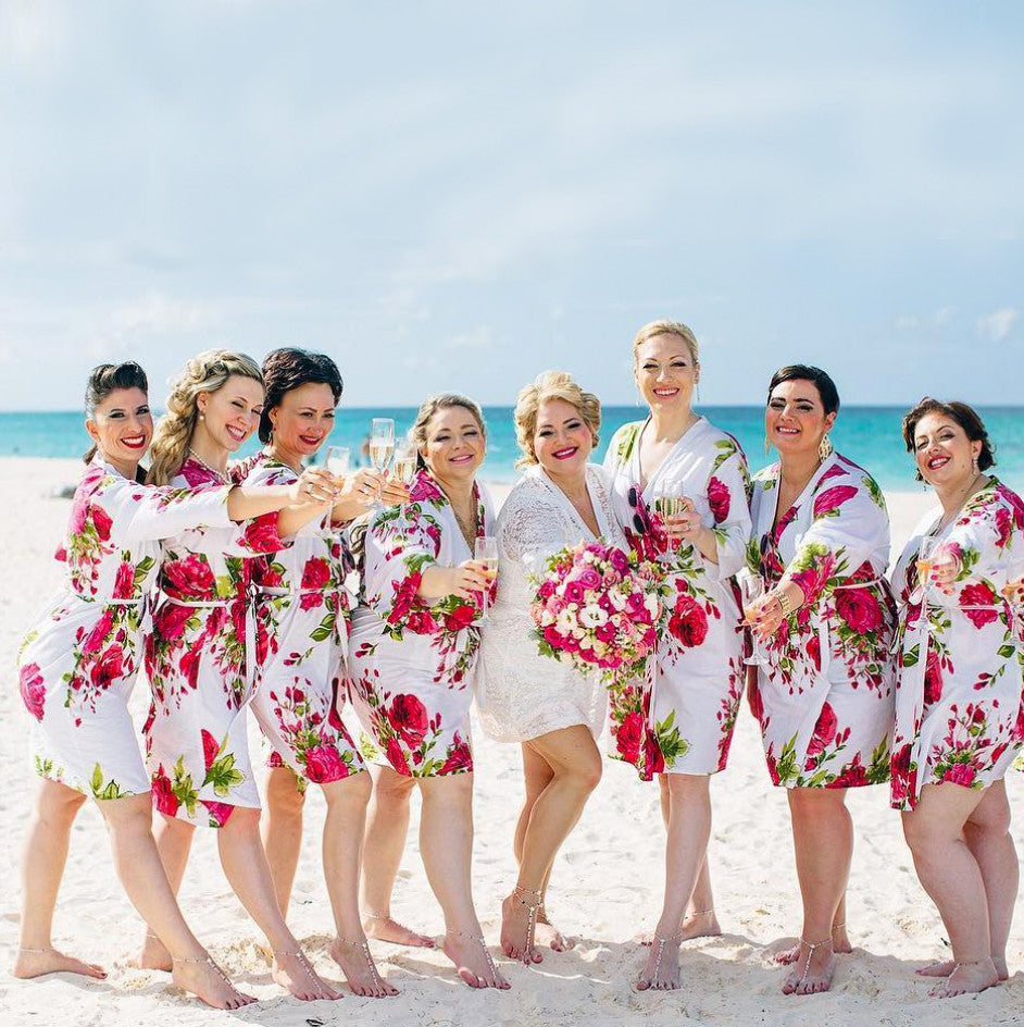 White Large Fuchsia Floral Blossom Bridesmaids Robes 