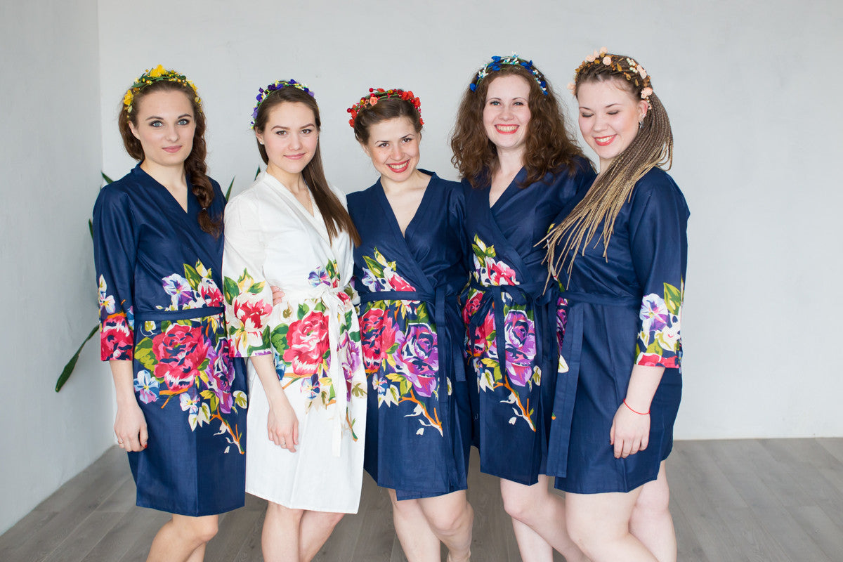 Navy Blue One long flower pattern Robes for bridesmaids | Getting Ready Bridal Robes