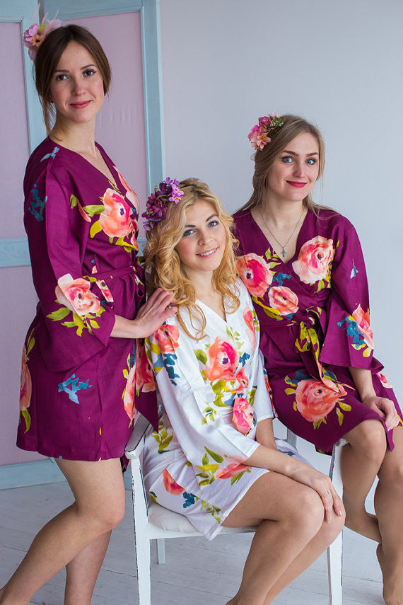 Smiling Blooms Pattern- Premium Plum Bridesmaids Robes