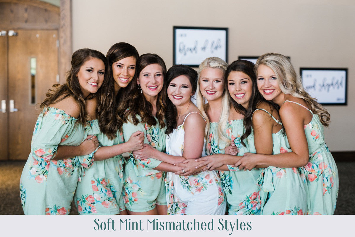 Soft Sage Mismatched Styles Bridesmaids Rompers in Dreamy Angel Song Pattern