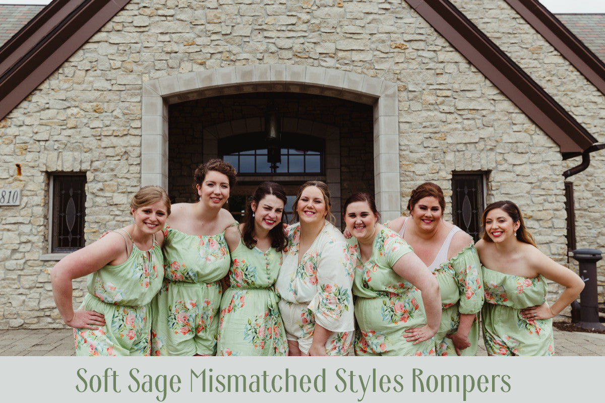 Soft Sage Mismatched Styles Dreamy Angel Song Bridesmaids Rompers Set