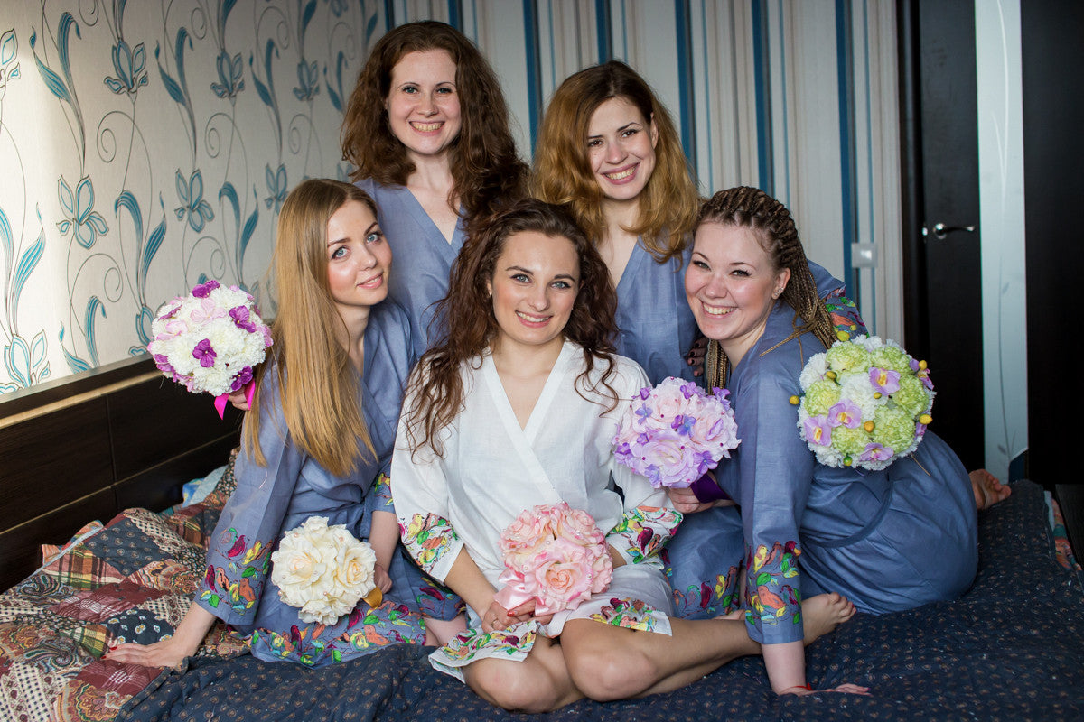 Bridesmaids in grey bird themed getting ready robes