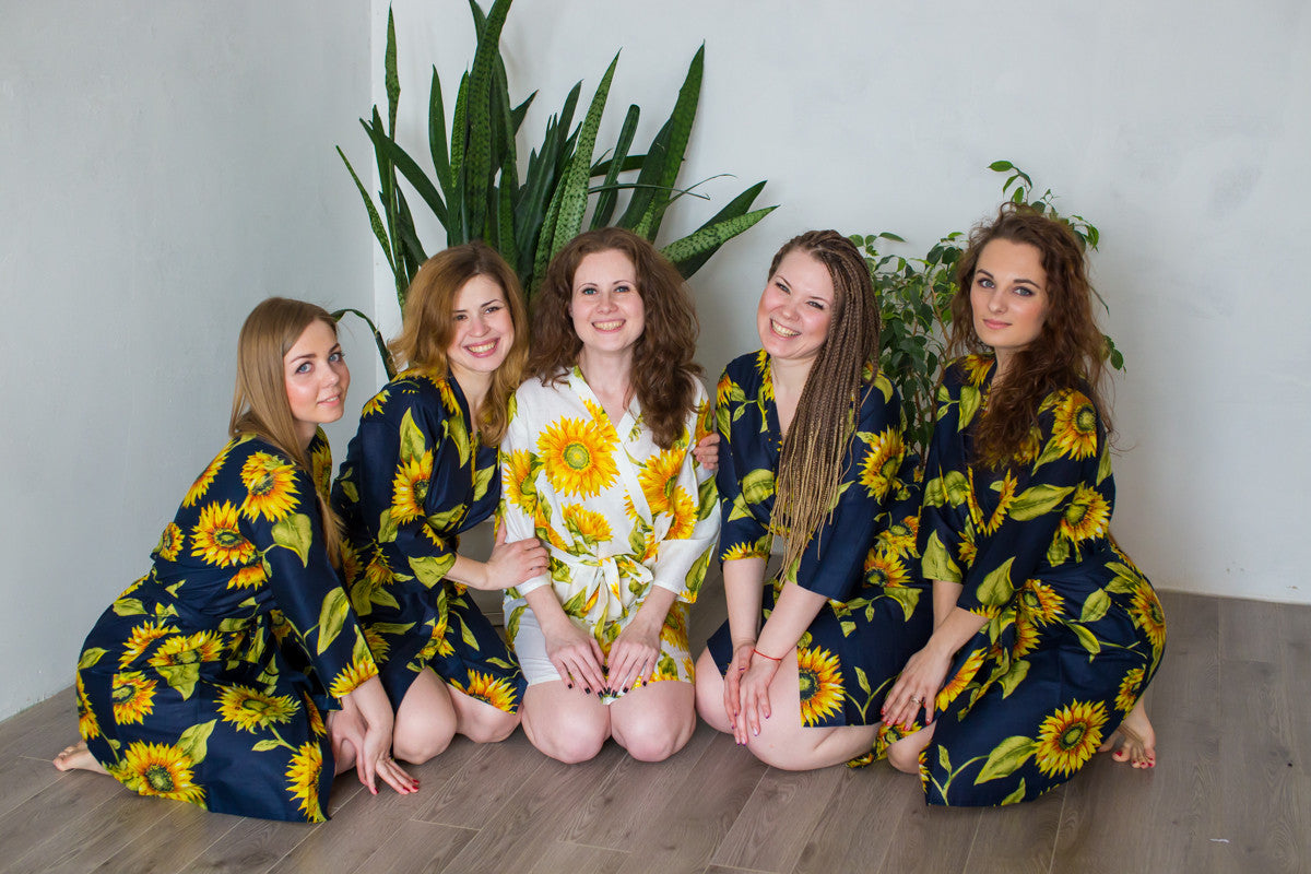 Dark Blue Sunflower Robes for bridesmaids – robesbysilkandmore