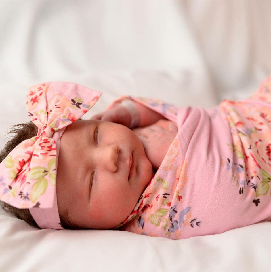 Set of Swaddle + Baby Headband - Pink Faded Flowers Pattern
