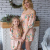 Set of 2 Baby Mommy Matching Off Shoulder Rompers - Blush Dreamy Angel Song Pattern 