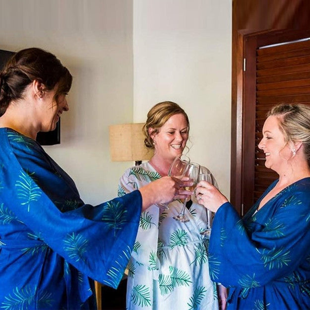 Navy Blue Tropical Delight Palm Leaves Bridesmaids Robes Sets