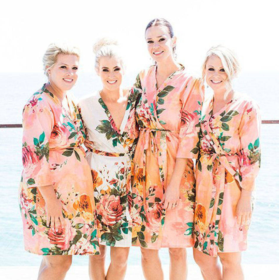 Set of 4 Bridesmaids Robes in Coral Large Floral Blossom - Floral wedding Robes 