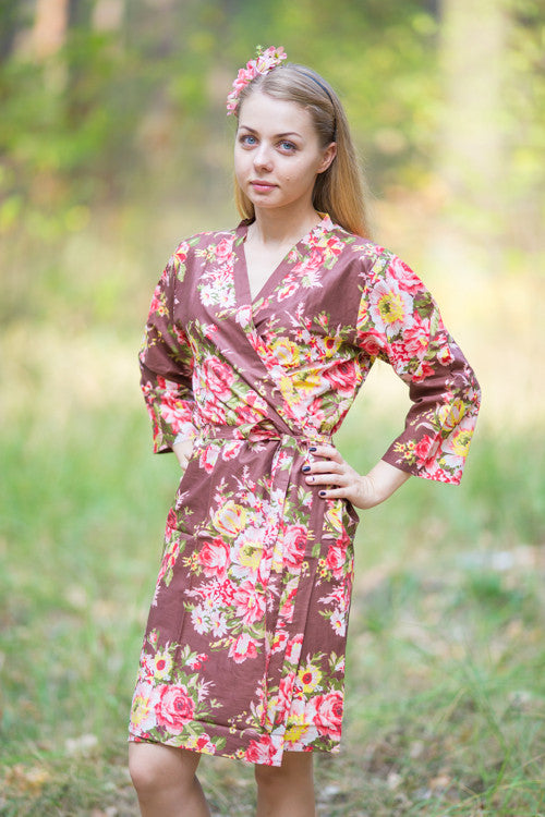 Brown Rosy Red Posy Robes for bridesmaids