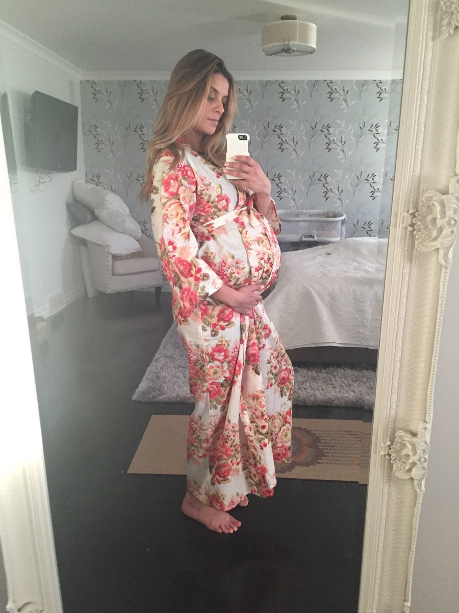 White Rosy Red Posy Ankle length Maternity Robe