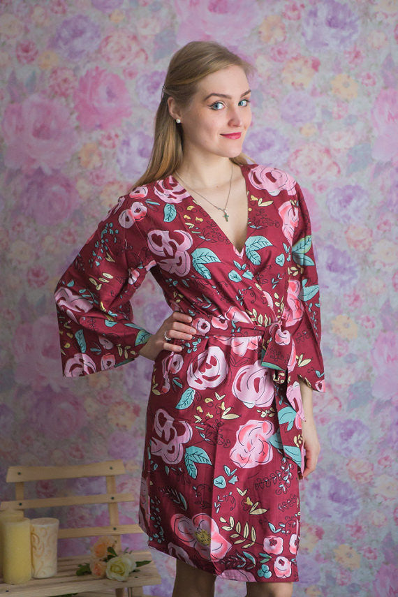 Whimsical Giggle Pattern- Premium Cranberry Bridesmaids Robes   