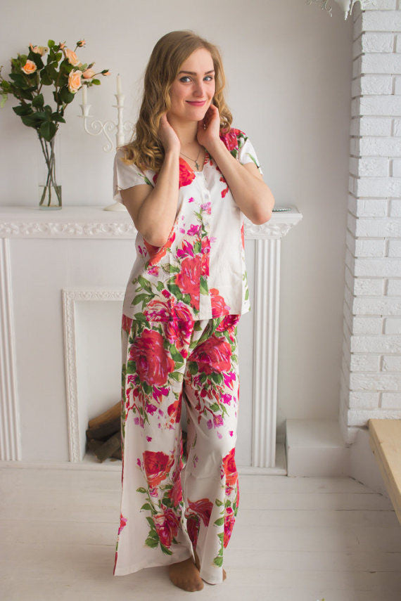 U-shaped neckline Style long PJs in Fuchsia Large Floral Blossom Pattern