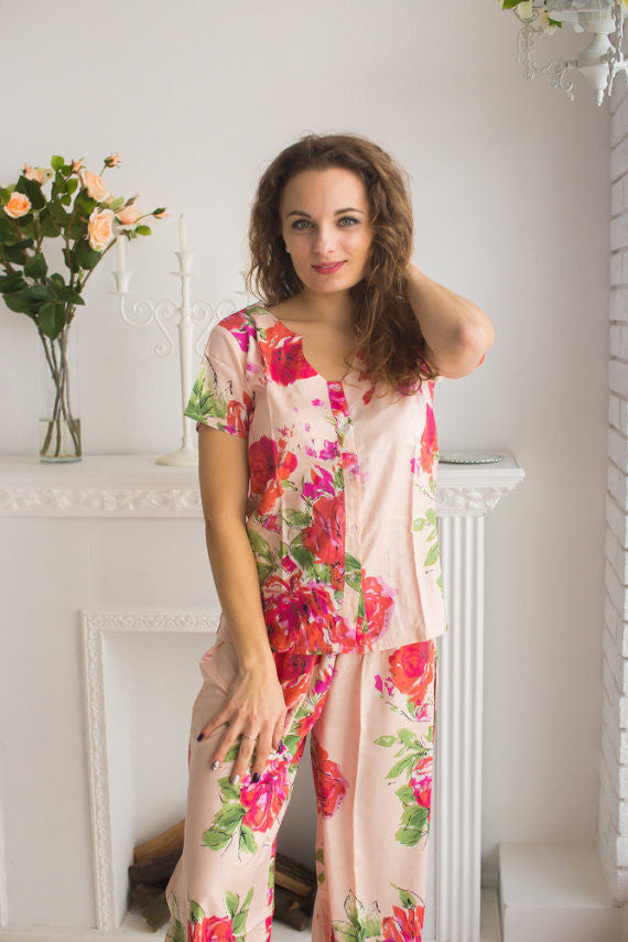 U-shaped neckline Style long PJs in Fuchsia Large Floral Blossom Pattern