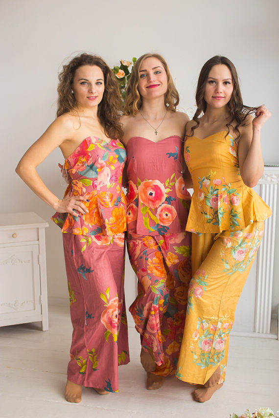 Dusty Rose, Dusty Cedar and Mustard Wedding Colors long Pj Sets in Strapless style 