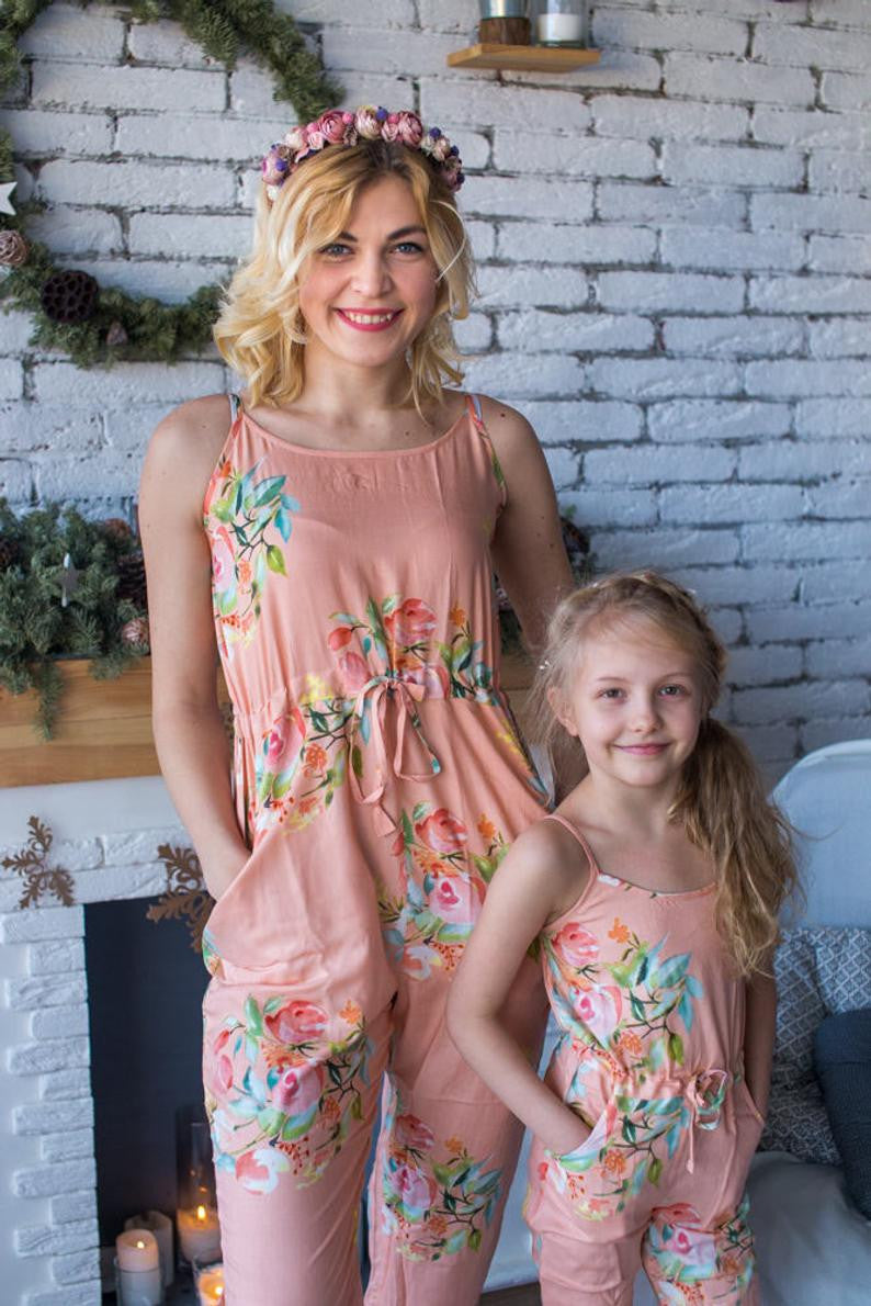 Set of 2 Baby Mommy Matching Spaghetti Style Jumpsuits - Peach Dreamy Angel Song Pattern
