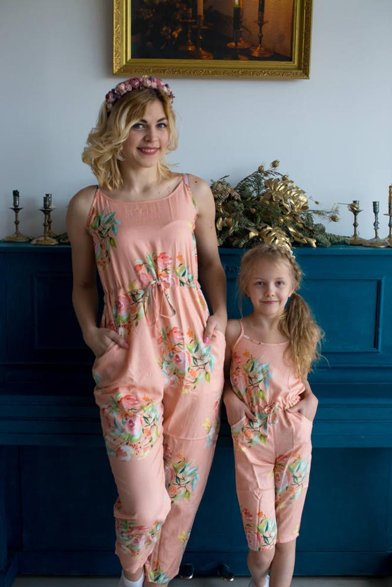 Set of 2 Baby Mommy Matching Spaghetti Style Jumpsuits - Peach Dreamy Angel Song Pattern