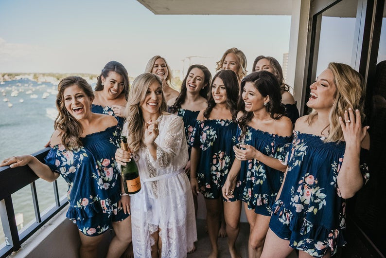 Navy Blue Off the Shoulder Style PJs in Dreamy Angel Song Bridesmaids