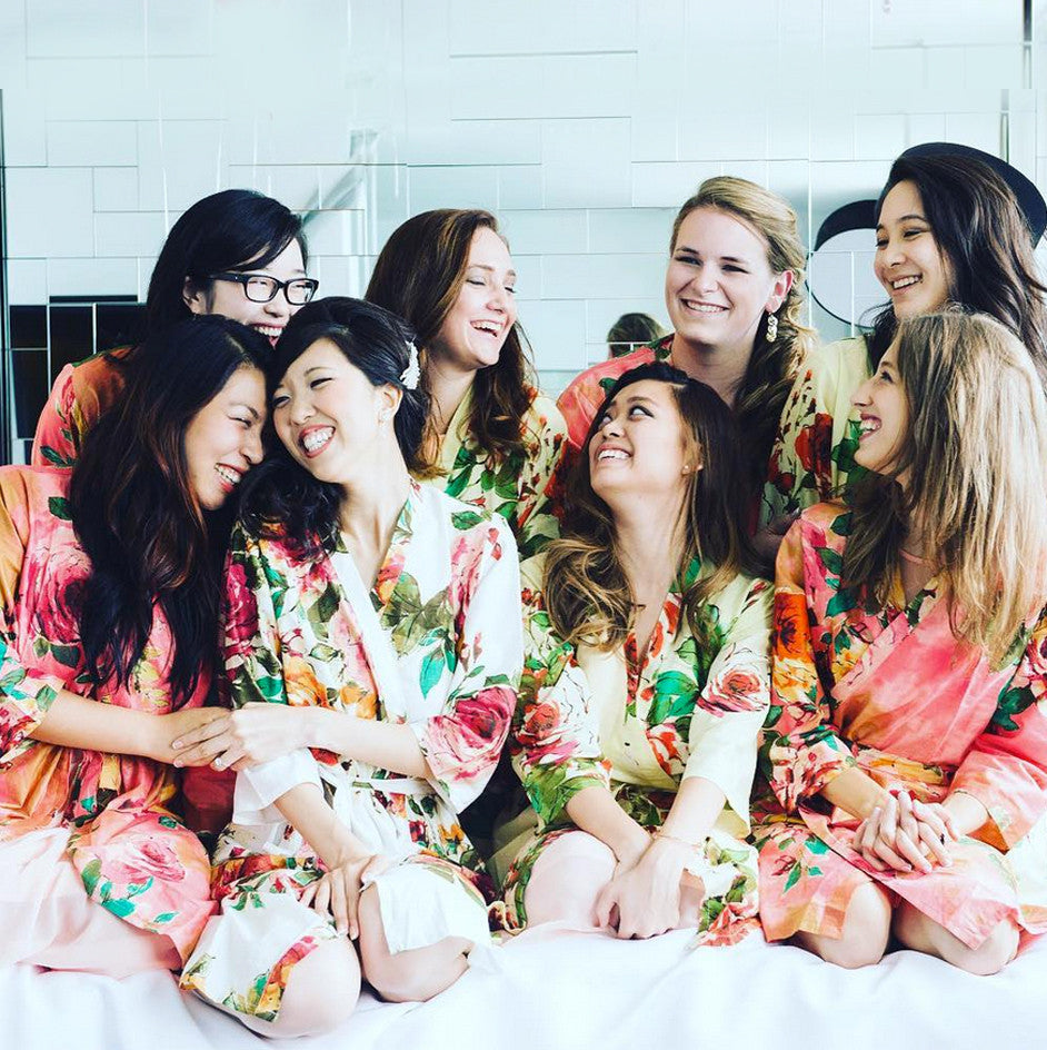 Mismatched Large Floral Blossom Bridesmaids Robes in Coral and Pastel Yellow