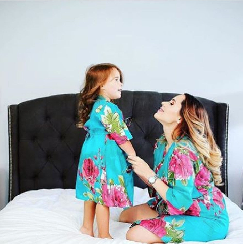 Teal Large Fuchsia Floral Blossom Baby Mommy Matching Robes