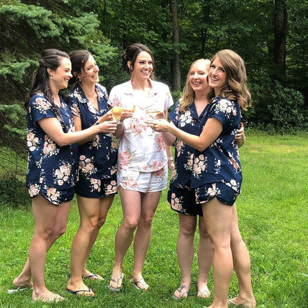 Navy Blue Faded Flower Bridesmaids PJ Sets