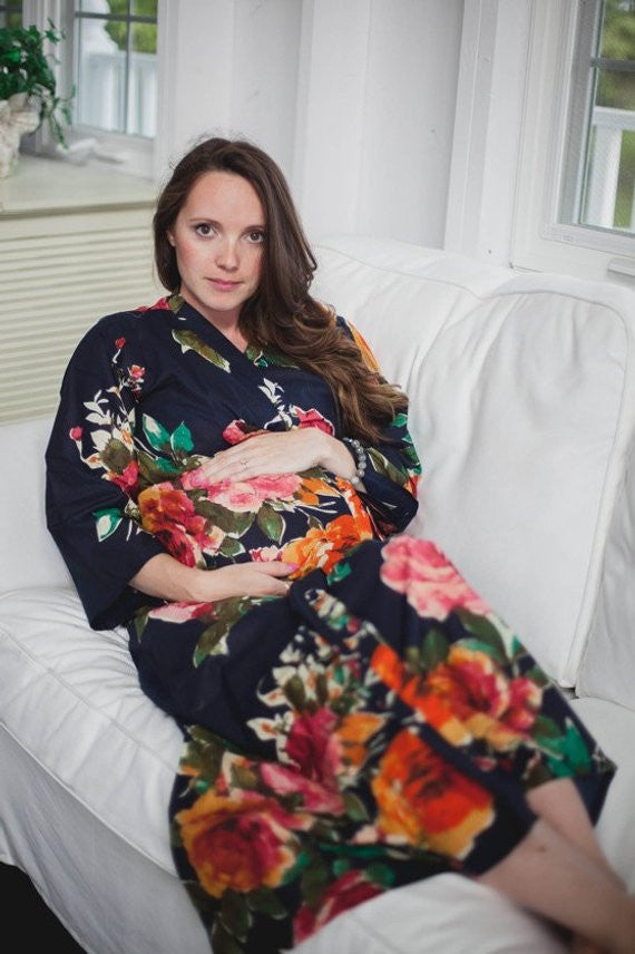 Navy Blue Large Floral Blossom Maternity Robe,  Maternity clothing, Pregnancy clothing, Pregnancy dress, Pregnancy robes, Pregnancy Gowns, Nursing gowns, Customized maternity robes