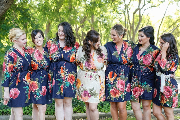 Navy Blue Large Floral Blossom Robes for bridesmaids | Getting Ready Bridal Robes