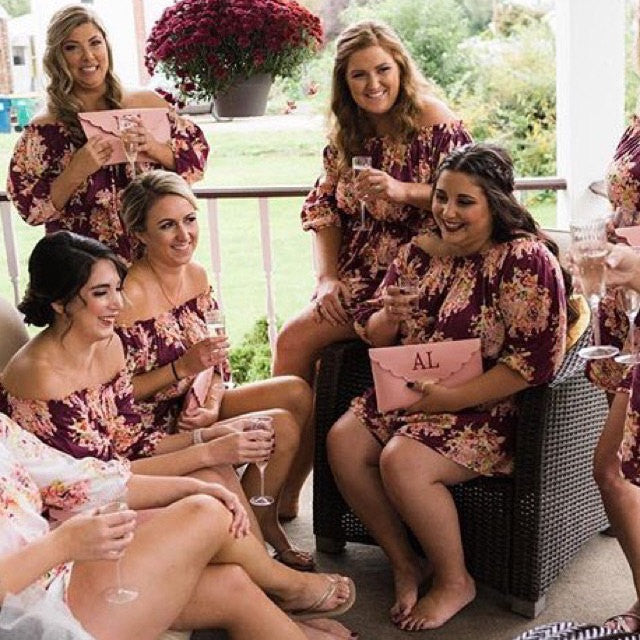 Eggplant Off the shoulder Style Floral Posy Bridesmaids Rompers Set